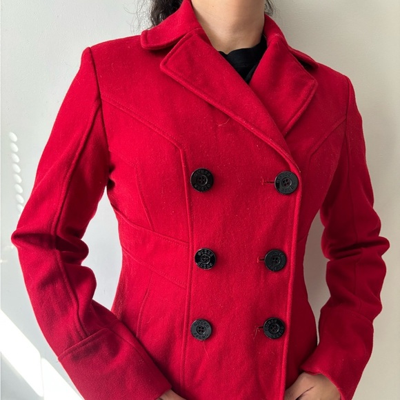 Vintage Y2K GUESS Preppy Pea Coat Women's Cherry Red Wool Jacket - Size Small - Picture 1 of 14
